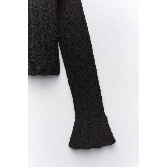 Zara Black Pointelle Ruffle Long Sleeve Semi Crop Top - Picture 8 of 10